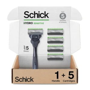 Schick Hydro Sensitive razor for men featuring five blades and lubricating gel pools for a comfortable shave on sensitive skin.