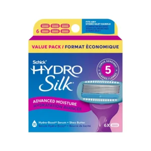 Six Schick Hydro Silk moisturizing razor refills with curve-sensing blades, shea butter, and hyaluronic acid for a smooth, hydrated shave.