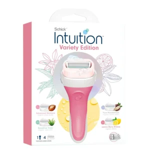 Schick Intuition razor kit for women with four refills, featuring a pivoting head, lubricating solid with organic aloe and vitamin E, shea butter, coconut milk, almond milk, and pomegranate extract for a smooth and moisturizing shave.