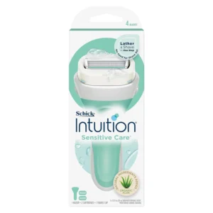 Schick Intuition Sensitive Care razor with Vitamin E and aloe moisturizes and lathers during shaving, eliminating the need for shave gel.