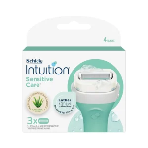 Schick Intuition Sensitive Care razor refill cartridges with organic aloe and vitamin E moisturize and soothe sensitive skin during shaving, eliminating the need for shave gel.