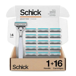 Schick Quattro Titanium razor for men with 16 blade refills, featuring four durable titanium and diamond coated blades for a close, comfortable shave and a lubricating strip enriched with Aloe, Vitamin E, and Vitamin B5 for added skin protection.