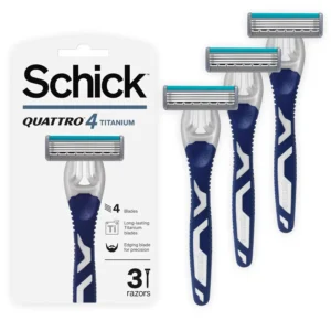 This image shows Schick Quattro Titanium disposable razors with 4 titanium diamond coated blades, aloe vitamin E B5 lubrication strip, ribbed rubber grip, and pivoting head for a close and comfortable shave.