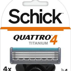 Four Schick Quattro Titanium razor blade refills featuring diamond-coated blades, lubricating strip with Aloe and Vitamin E for a comfortable, close shave on all Schick Quattro Titanium handles.