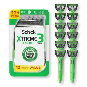 This Schick Xtreme3 disposable razor pack for men features three flexible blades that adapt to the face and head, aloe for sensitive skin, and a comfortable, recyclable handle.