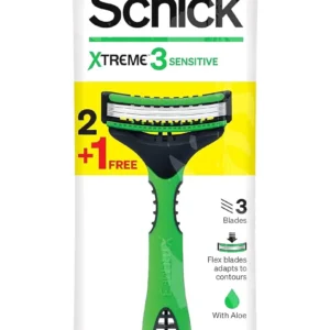 Schick Xtreme3 Sensitive disposable razor features three flexible blades, aloe vera lubrication, and a no-slip rubber grip for a close, comfortable, and irritation-free shave.