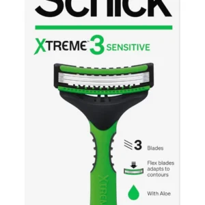 Schick Xtreme3 Sensitive disposable razor for men with three flexible blades provides a close and comfortable shave, ideal for sensitive skin with aloe vera lubricating strip and easy-rinse design.