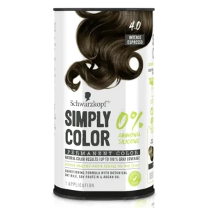 A box of Schwarzkopf Simply Color permanent hair dye in shade 4.0 Intense Espresso, a gentle, nourishing formula for all hair types that provides complete gray coverage without ammonia or silicone.