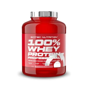 A tub of Scitec Nutrition Professional Whey protein powder in strawberry flavor, containing 2350 grams and 78 servings of whey protein powder.