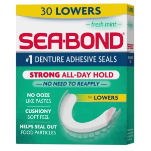 A pack of Sea-Bond Fresh Mint denture adhesive seals for lower dentures providing a secure, all-day, comfortable hold, and zinc-free alternative to denture creams.