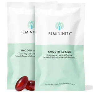 Two bottles of Sibu Beauty Sea Buckthorn Omega 7 softgels, a plant-based supplement designed to help women fight vaginal dryness, support healthy skin, hair, and nails, and alleviate discomfort.
