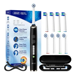 This Seago electric toothbrush features a rotating head, multiple brush heads, five cleaning modes, and comes with a convenient travel case, offering a complete oral hygiene solution for adults and kids.