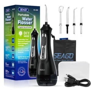 The Seago cordless water flosser deeply cleans teeth and improves gum health with multiple modes, jet tips, and a rechargeable battery, making it ideal for travel and home use.