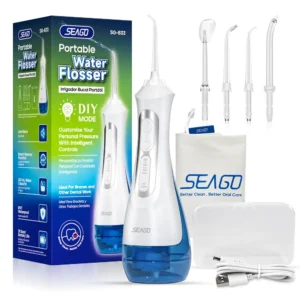 This is a Seago cordless water flosser with multiple jet tips, designed for deep teeth cleaning, improved gum health, and convenient use at home or while traveling.