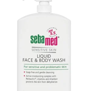 Sebamed Liquid Face and Body Wash gently cleanses sensitive skin, leaving it soft, smooth, and moisturized thanks to allantoin and pentavitin.