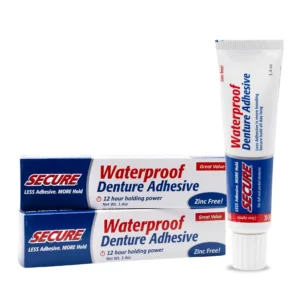 Secure waterproof denture adhesive provides a strong, long-lasting, taste-free hold for upper, lower, or partial dentures, ensuring no slipping or sliding for up to 12 hours.