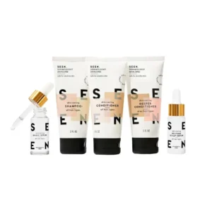 The SEEN Discovery Kit includes shampoo, conditioner, deeper conditioner, magic serum, and restore scalp serum formulated without sulfates, silicones, or parabens and safe for sensitive, acne-prone skin.