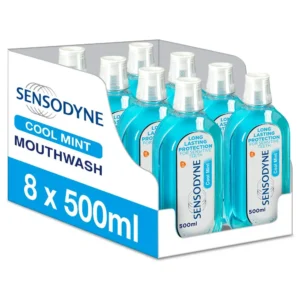 This image shows an 8-pack of Sensodyne Cool Mint Mouthwash, an alcohol-free mouthwash for sensitive teeth that strengthens enamel with fluoride.