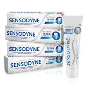 Four tubes of Sensodyne Repair and Protect Whitening toothpaste helps repair sensitive teeth and freshens breath while gently whitening.