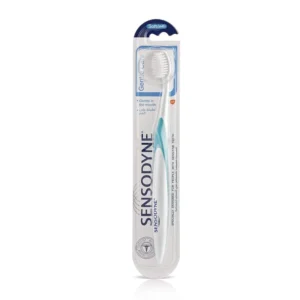 A multi-coloured Sensodyne toothbrush with soft, tapered bristles is specially designed for gentle cleaning around the gum line of sensitive teeth.