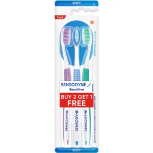 This image shows a pack of three Sensodyne Sensitive toothbrushes designed for gentle cleaning.