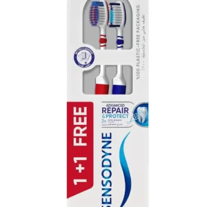 Two Sensodyne toothbrushes with soft bristles and a compact head designed for gentle cleaning and protection against overbrushing of gums and enamel.