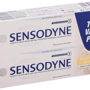 Two tubes of Sensodyne Multi Care + Whitening toothpaste provide clinically proven sensitivity relief and whiten teeth 24/7.