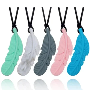 A pack of four Atsky sensory chew necklaces in feather shapes, made from food-grade silicone, offering a safe and stimulating chewing solution for kids with ADHD, autism, or teething needs.