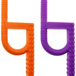 Orange and purple silicone sensory chew toys designed for children with autism, ADHD, and teething needs.