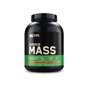 A chocolate peanut butter flavored Optimum Nutrition Serious Mass weight gainer protein powder provides 1250 calories, 50 grams of protein, and over 25 vitamins and minerals per serving to support muscle growth and immune health.