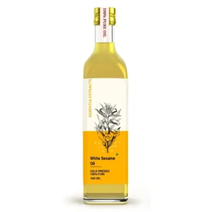 100% pure, cold-pressed sesame baby oil for body and hair massage, extracted from sesame seeds and packaged in glass for sustainability.