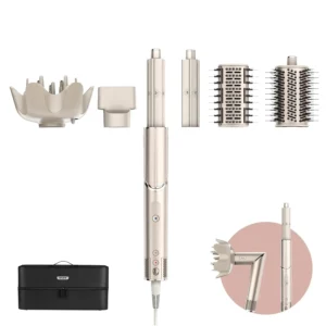 Shark FlexStyle 5-in-1 air styler and hair dryer with auto-wrap curlers for curling, paddle brush for straightening, oval brush for volumizing, concentrator for smoothing, and diffuser for defining all hair types.