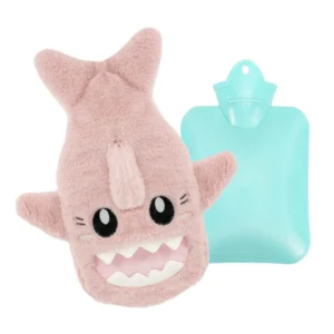 This cute shark-shaped hot water bottle with a plush cover and hand pocket provides soothing warmth and pain relief for the neck, shoulders, and back, and can also be used for cold therapy.