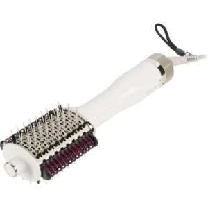 The Shark SmoothStyle hot air brush and styler in silk white smooths, volumizes, and straightens hair, working on both wet and dry hair types with three temperature settings, shown with its heat resistant case.