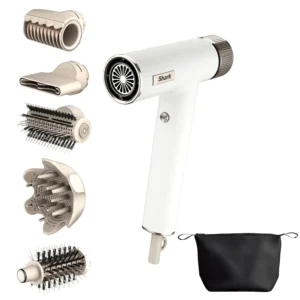 Shark SpeedStyle hair dryer with five styling attachments and RapidGloss finisher for fast drying, frizz reduction, and no heat damage.