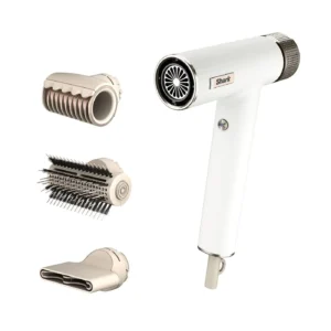 The Shark SpeedStyle hair dryer in white with RapidGloss Finisher attachment eliminates frizz and creates shiny, smooth styles without heat damage.