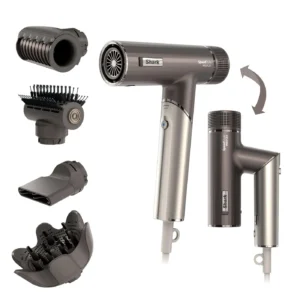 The Shark SpeedStyle Pro FLEX hair dryer in mocha silver with four styling attachments: a turbo concentrator, a defrizzfast diffuser, a quicksmooth brush, and a frizzfighter finishing tool.