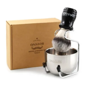 Anbbas synthetic badger shaving brush kit includes a stainless steel stand and bowl, perfect for a luxurious wet shave.
