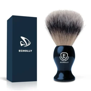 This luxury shaving brush for men features a pure black handle and synthetic bristles engineered for creating a rich lather and comfortable shaving experience with any razor.