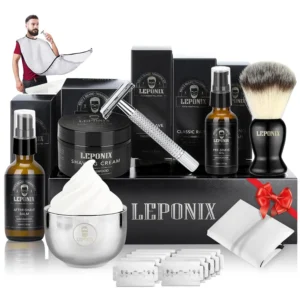 This complete men's shaving kit includes a double edge safety razor, sandalwood shaving cream, pre-shave oil, aftershave balm, shaving brush, bowl, and apron bib for a comfortable wet shave experience.