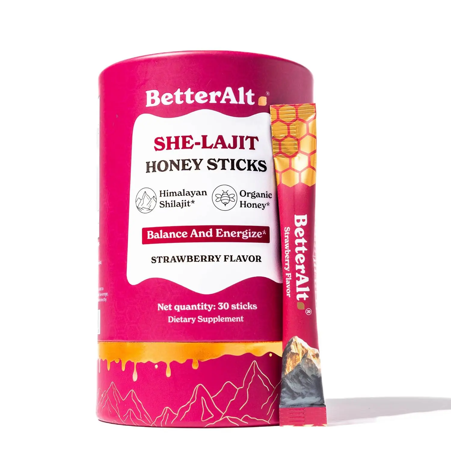 BetterAlt SHE Lajit strawberry honeysticks contain Shilajit, Shatavari, and Saffron to support women's vitality and hormonal balance in a convenient daily dose.