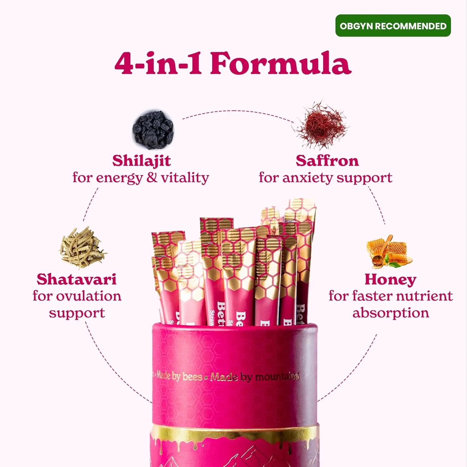 BetterAlt SHE Lajit strawberry honeysticks contain Shilajit, Shatavari, and Saffron to support women's vitality and hormonal balance in a convenient daily dose.
