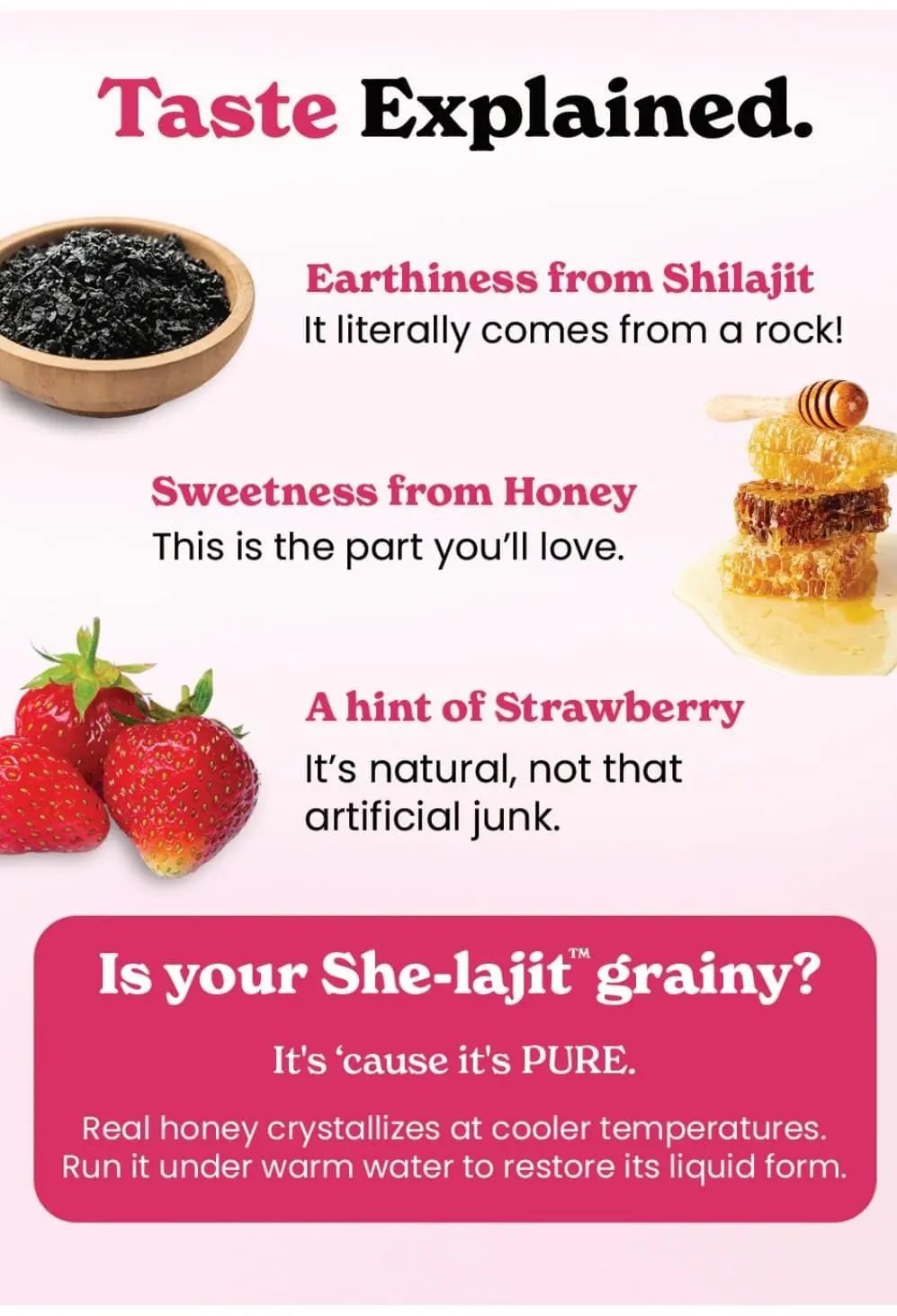 BetterAlt SHE Lajit strawberry honeysticks contain Shilajit, Shatavari, and Saffron to support women's vitality and hormonal balance in a convenient daily dose.