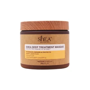 Shea hair mask with almond oil and honey deeply hydrates and revitalizes dry, damaged hair, improving its texture and radiance through gentle exfoliation and nourishing ingredients.