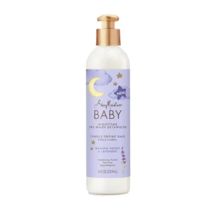 SheaMoisture Baby Pre-Wash Hair Detangler with Manuka Honey and Lavender is a gentle solution to soften and condition baby's textured hair, perfect for a relaxing nighttime hair care routine.