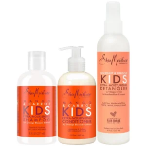 Shea Moisture kids hair care combination pack includes extra-nourishing mango and carrot shampoo, extra-nourishing mango and carrot conditioner, and coconut and hibiscus detangler for soft, smooth, healthy hair.