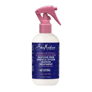 Travel size Shea Moisture leave-in hair treatment for shine and detangling, made with fair trade shea butter and free of sulfates, parabens and phthalates.