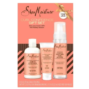 SheaMoisture Coconut & Hibiscus hair product bundle featuring Curl Enhancing Smoothie, Curl & Style Milk, and Frizz Free Curl Mousse for moisturizing, defining, and controlling frizz in curly hair.