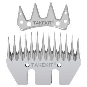 A set of universal replacement blades for sheep shears, featuring a straight 13-teeth design, ideal for shearing sheep, alpacas, and thick-coated animals.