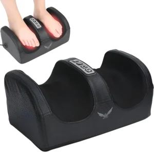 This black Shiatsu foot massager machine with heat and compression kneads, rolls, and vibrates to relax leg muscles and improve blood circulation in the feet and calves.
